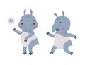 Cute Grey Tapir Animal with Proboscis Running and Saying Hi Vector Set