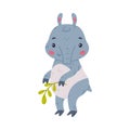 Cute Grey Tapir Animal with Proboscis Standing with Green Twig Vector Illustration