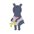 Cute Grey Tapir Animal with Proboscis Standing with Green Twig Vector Illustration