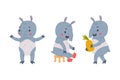 Cute Grey Tapir Animal with Proboscis Wearing Shoes and Carrying Pineapple Vector Set