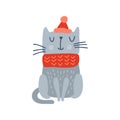 Cute grey vector santa cat with red Christmas hat and scarf on his head. Winter holiday isolated baby design. Flat Royalty Free Stock Photo
