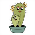 Cute groovy cactus, mother and child cartoon characters.
