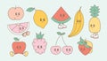 Cute groovy cartoon fruits, funny Y2k mascot vector characters with smile. Ripe cherry, banana, pineapple, apple, lemon Royalty Free Stock Photo