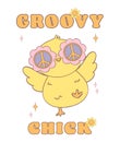 Cute Groovy Easter Chick wears star glasses. Playful cartoon doodle animal character hand drawing