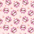 Cute Groovy Retro Girly Cat Face Seamless Pattern Cartoon Hand Drawn Repeat Background Royalty Free Stock Photo