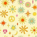 Cute Groovy Sun and Flowers Seamless Pattern in Yellow, Orange Colors. Retro Hippie Vector Print with Peace Symbol Royalty Free Stock Photo