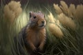 A cute ground squirrel standing in tall grass with a dark background. Royalty Free Stock Photo
