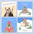 Cute groundhog greeting spring posters vector set, cartoon wild ground animal, woodchuck mammal, Happy groundhog day