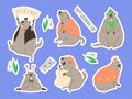 Cute groundhog greeting spring stickers vector set, cartoon wild ground animal, woodchuck mammal, Happy groundhog day
