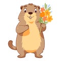 cute groundhog holding flowers flat style illustration