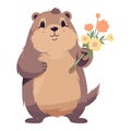 cute groundhog holding flowers flat style illustration