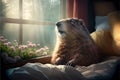 Cute groundhog wakes up in his bed, the beginning of spring. AI generated.