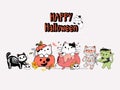 Cute group of kitten cat Halloween costume party, doodle cartoon illustration, set of Halloween cat