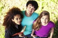 Cute group of teenages at the building of university with books huggings, smiling, back to school Royalty Free Stock Photo