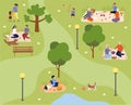 Cute groups of people are enjoing spending time in summer city park together