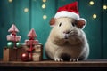 A cute guinea pig with a Christmas hat sits by holiday decorations, exuding holiday cheer. Royalty Free Stock Photo