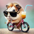 Cute guinea rat mouse rodent with sunglasses and glass of juice on a bicycle