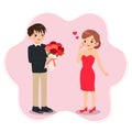 Cute guy gives a bouquet of roses to a woman. Romantic scene. Happy Valentine`s day celebration. Proposal clip art.