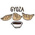 Cute gyoza meal with soy sauce typography. Hand drawn asian dumpling snack clipart