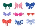 Cute hair bowknot and gift package tied elements, cartoon colorful woman hairstyle different shapes and textures