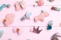 Cute hair clips on pink wooden table Royalty Free Stock Photo