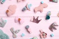 Cute hair clips on pink wooden table, flat lay Royalty Free Stock Photo