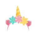 Cute hair hoop with pink ears, unicorn`s horn and colorful flowers. Bright head accessory. Flat vector icon Royalty Free Stock Photo