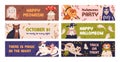 Cute Halloween banner designs set. Happy feline Helloween background templates with funny holiday kitties disguised in Royalty Free Stock Photo