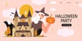 Cute Halloween banner, flyer, web page template or social media post with witch holding pumpkin and a haunted castle Royalty Free Stock Photo