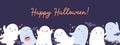 Cute Halloween banner with happy ghosts. Helloween holiday night background design with spooks, boo characters, phantoms