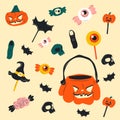 Cute halloween candy cartoon characters, stickers collection in hand drawn style. Royalty Free Stock Photo