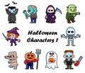 Cute halloween cartoon characters . White isolated background . Vector . Set 1 of 4 Royalty Free Stock Photo