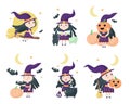 Cute Halloween cartoon witches isolated vector set