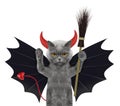 Cute halloween cat in bat devil costume with broom - isolated on white