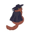 Cute Halloween cat disguised in holiday robe, cape. Helloween kitty in cloak, hat and mask. Funny feline animal in