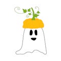 Cute Halloween character - ghost with pumpkin on his head. Halloween character - colored smiling ghost with pumpkin