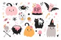 Cute Halloween characters. Funny pumpkin, spooky ghost, black cat and spider. Pink colors, childish prints and cards, party Royalty Free Stock Photo