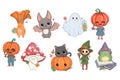 Cute Halloween characters set. Vector mushroom, ghost, bat, black cat, witch, pumpkin head, frog.