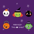 Cute Halloween clip art set cartoon characters of witch cat pumpkins monster Frankenstein Ghost Royalty Free Stock Photo