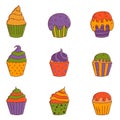 Cute halloween cupcakes. Halloween elements. Trick or treat concept. Vector illustration in hand drawn style Royalty Free Stock Photo