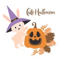 Cute Halloween. Funny rabbit in witchs hat with pumpkin Jack lantern. Vector illustration. Festive halloween bunny