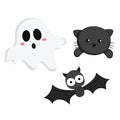 Cute Halloween Ghost and Animal Black Cat and Bat Illustration Vector Clipart