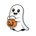 Cute Halloween Ghost Holding Jack-o\'-Lantern Royalty Free Stock Photo