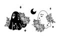 Cute halloween ghost with peony flowers, Floral celestial ghost outline isolated clipart on white background, Holiday