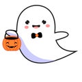 Cute Halloween ghost with pumpkin pot. Adorable character in kawaii style for seasonal celebration design. isolated vector clip Royalty Free Stock Photo