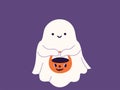 Cute halloween ghost vector illustration. Childish scary boo character for kids. Funny ghost holding pumpkin basket