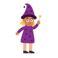 Cute Halloween girl wearing witch costume. Funny trick or treat kid with a magic wand Royalty Free Stock Photo