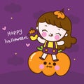 Cute Halloween girl witch vector with pumpkin cupcake cartoon