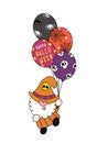 Cute Halloween Gnome in witch costume hold party Halloween balloons, Happy Halloween flat cartoon character doodle outline