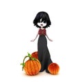 Cute Halloween Gothic toon posing with pumpkins